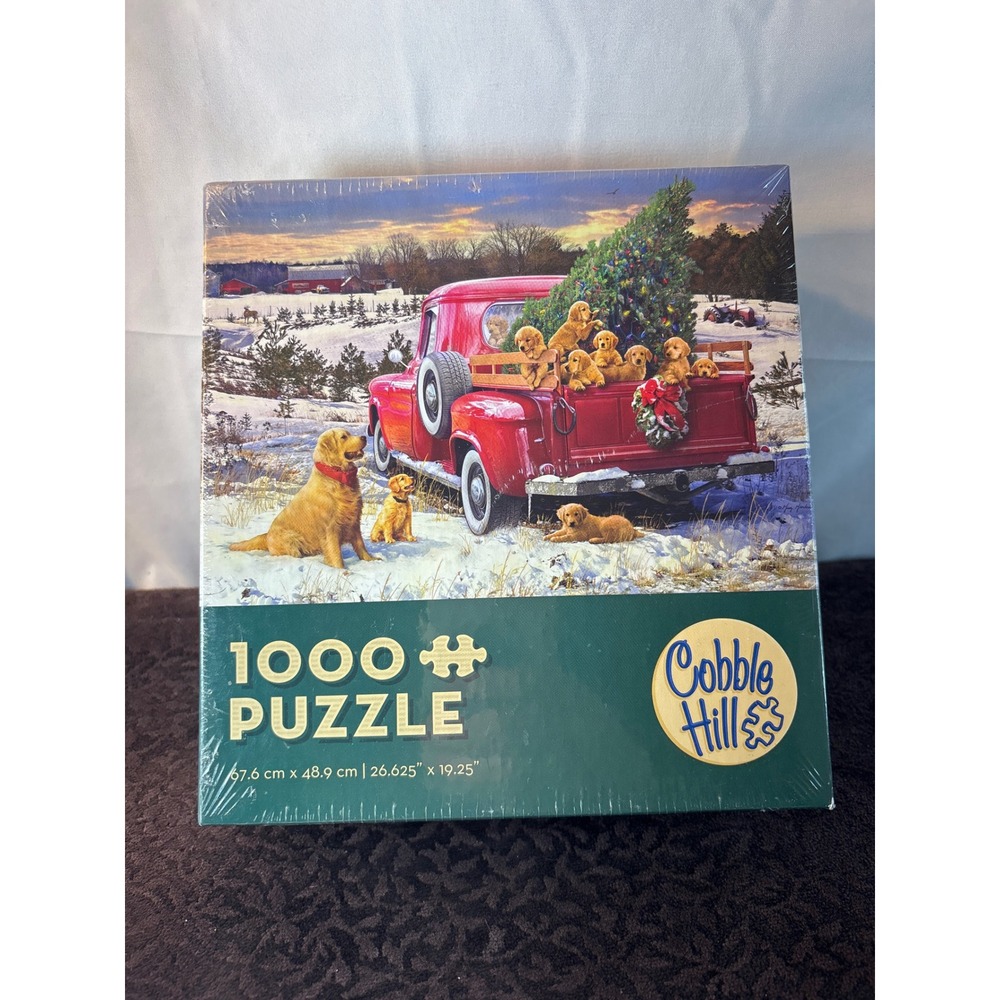 Cobble Hill 1000 Piece Jigsaw Puzzle Golden Retriever Puppies‎ Red Truck Winter